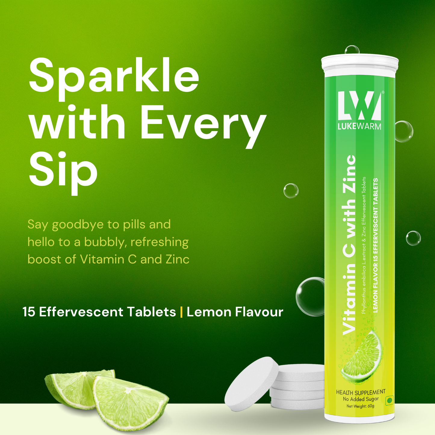 Lukewarm Vitamin C with Zinc | 15 Effervescent Tablets | Lemon Flavour