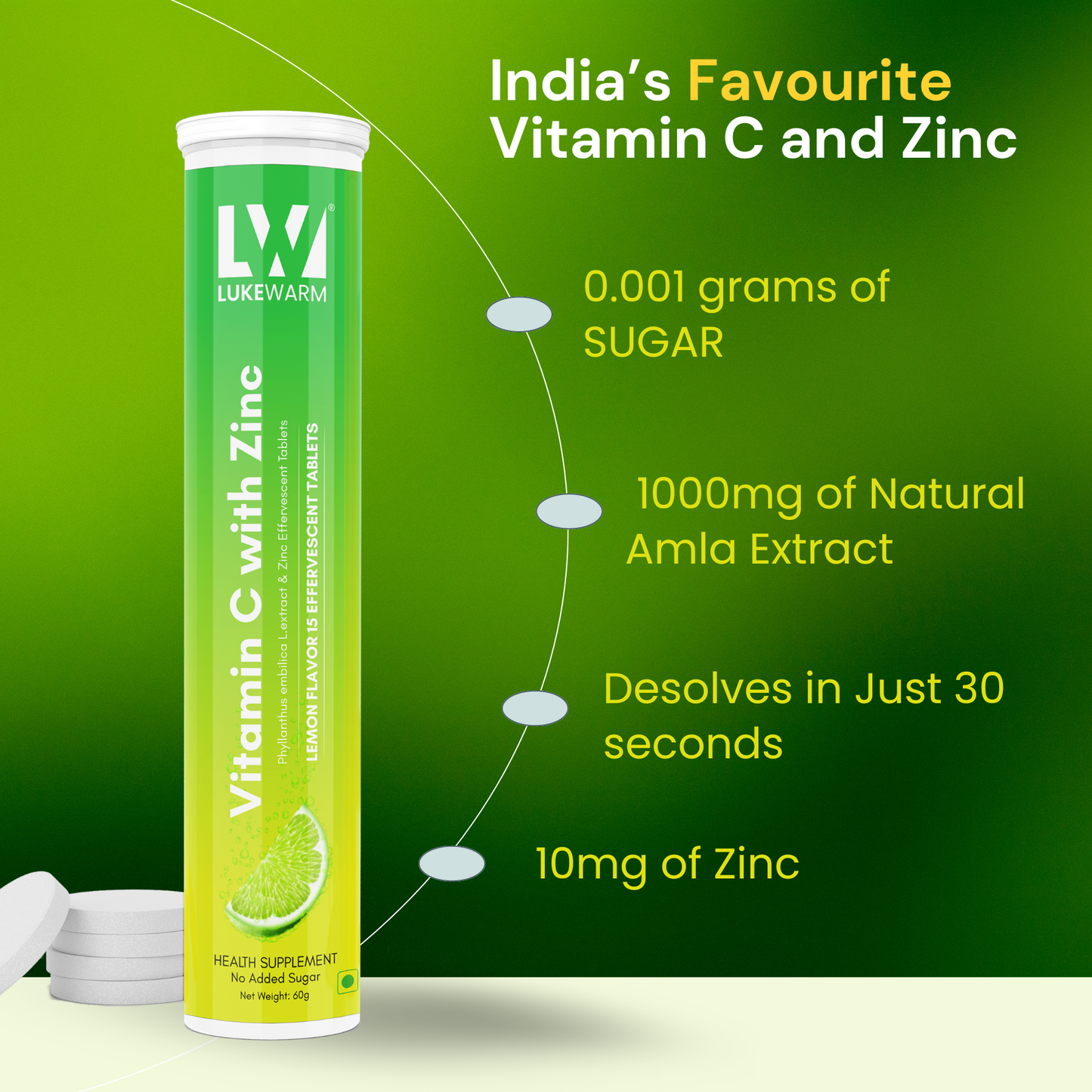 Lukewarm Vitamin C with Zinc | 15 Effervescent Tablets | Lemon Flavour