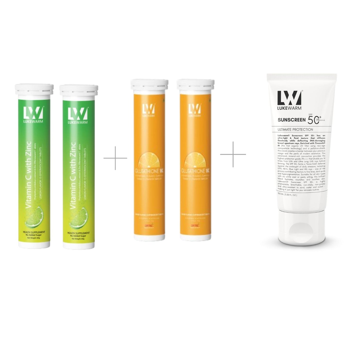 Lukewarm Glutathione 1K Orange Flavour & Vitamin C with Zinc (Pack of 2) + Lukewarm Sunscreen, 100ml