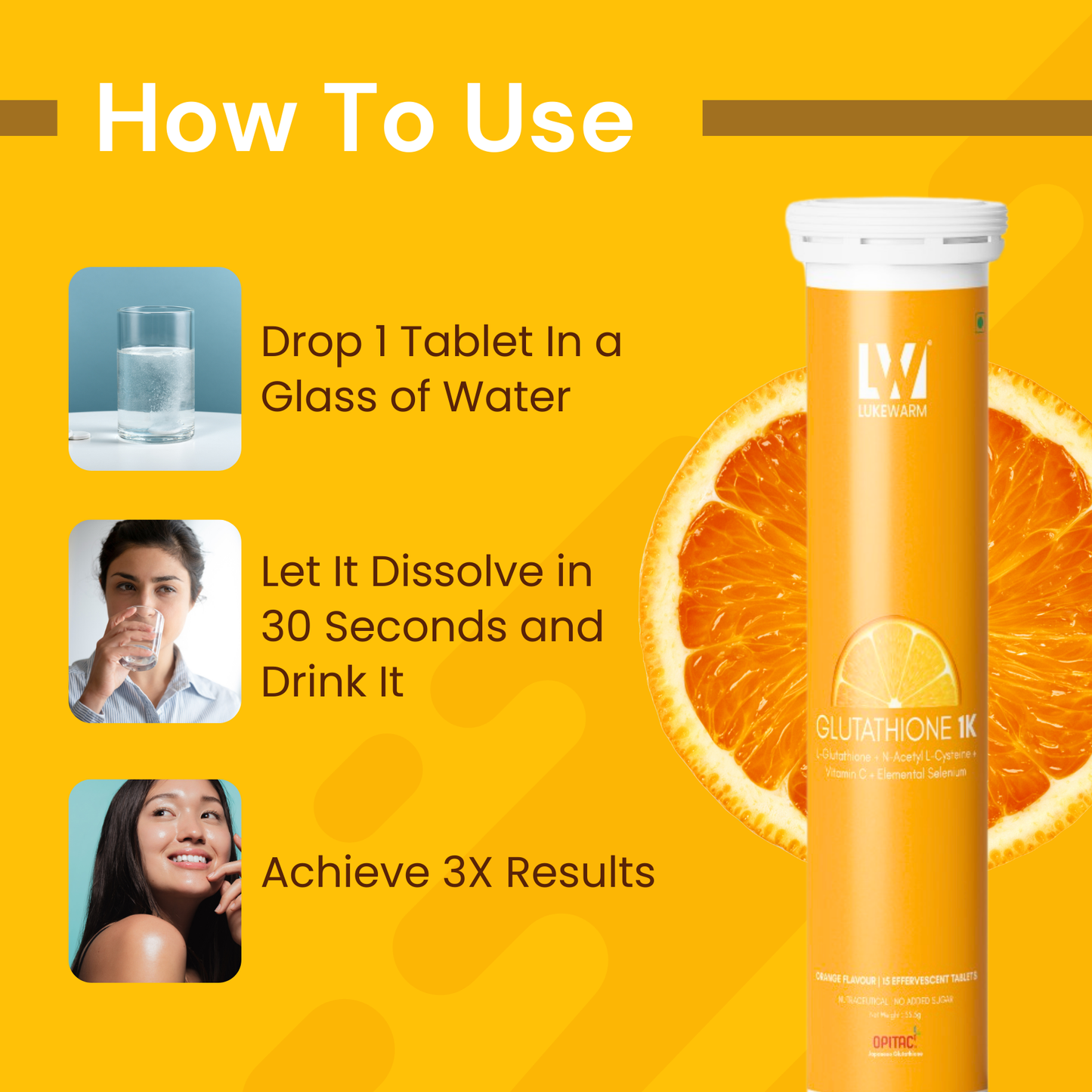 Lukewarm Glutathione 1K Orange Flavour, 15 Effervescent Tablets